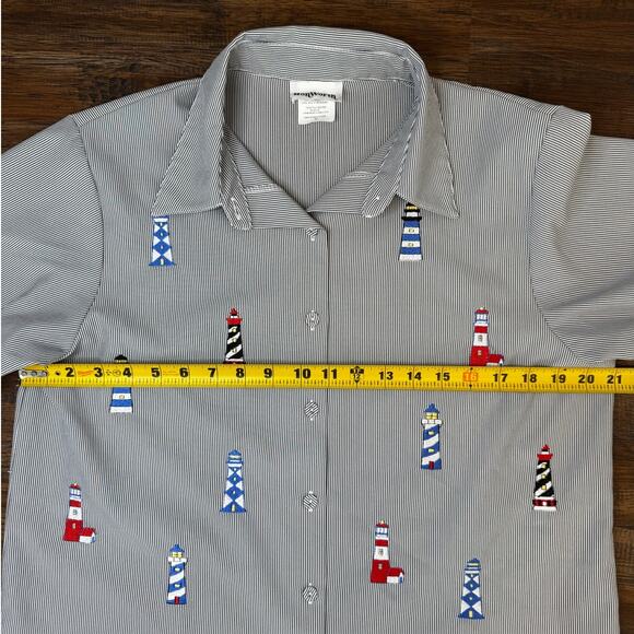BonWorth sz MEDIUM vintage embroidered lighthouse striped button up shirt - Picture 3 of 10